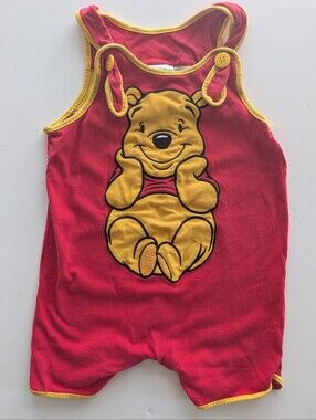 Vintage Walt Disney World Kids Winnie The Pooh Shortall Romper 3T Red Yellow